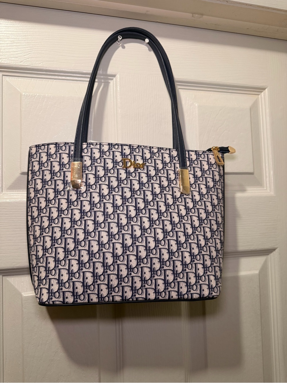 White Oblique Canvas Tote with Gold Hardware